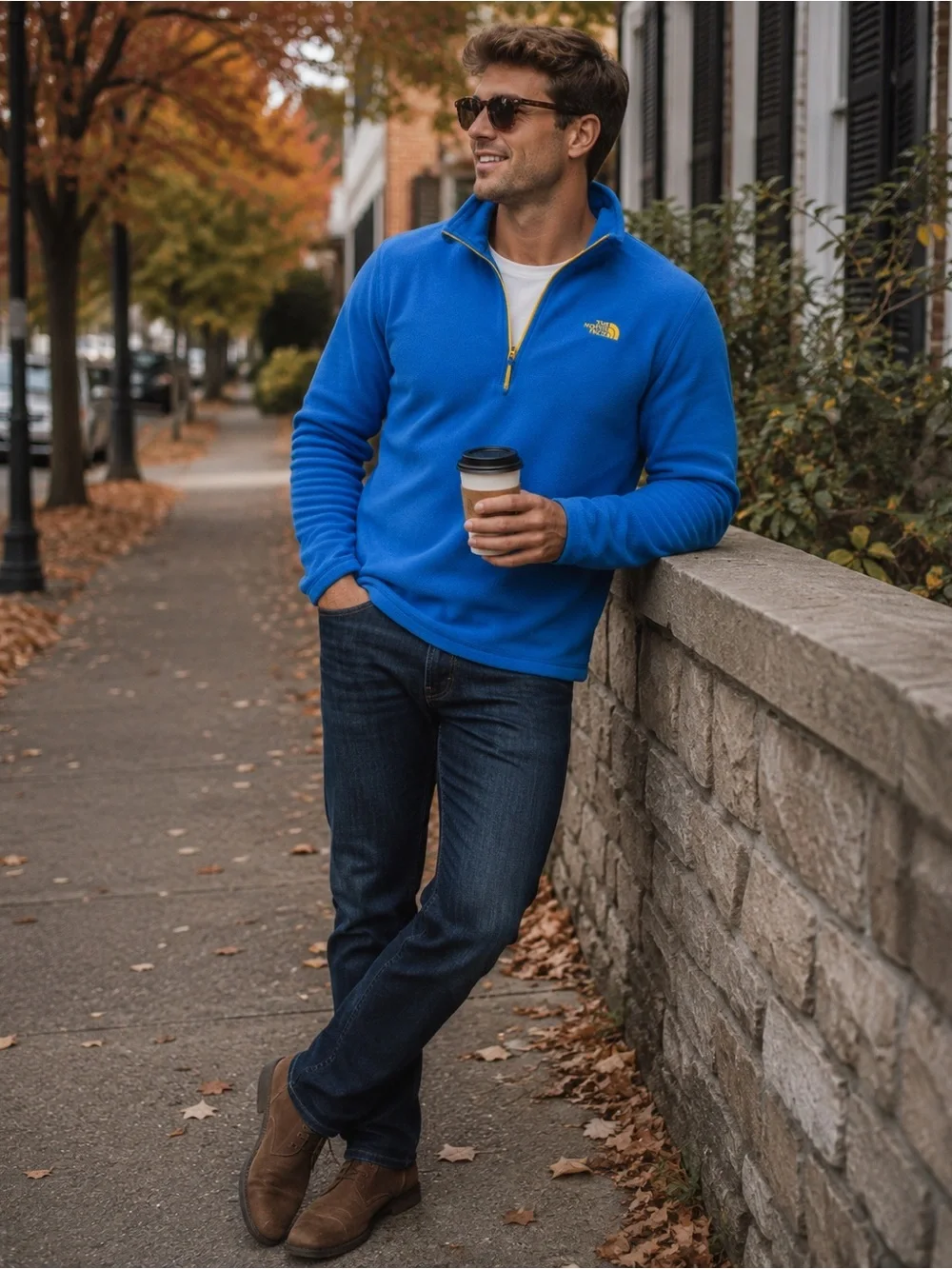 The North Face Men’s Bright Blue Quarter-Zip Fleece with Yellow Accents